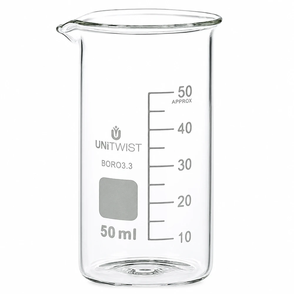 Bécher 50ml borosilicate, forme haute UNITWIST Bécher de laboratoire en verre transparent, 50 ml, forme haute, borosilicate 3.3, pour applications chimiques, UNITWIST