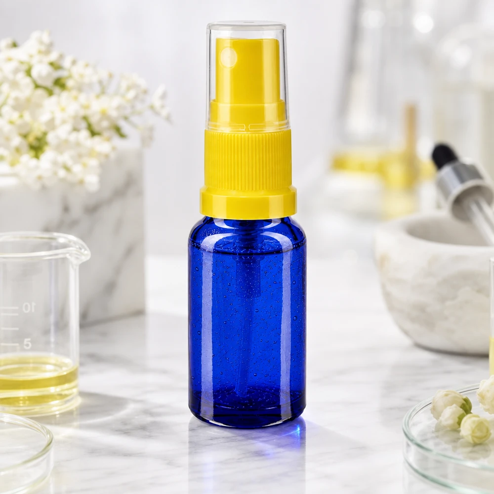 Flacon pulvérisateur en verre bleu de 30 ml avec bouchon jaune, doté d'une protection contre les UV, destiné aux applications de laboratoire