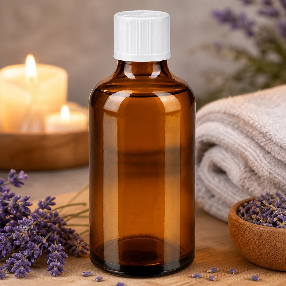 Flacon de pharmacie de 50 ml en verre ambré avec bouchon KiSi blanc, dans un cadre propice à la détente grâce à l'aromathérapie
