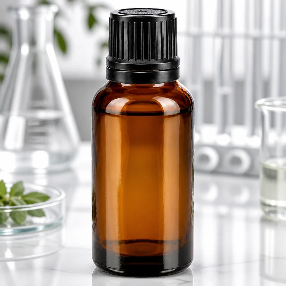 Flacon de 20 ml en verre de pharmacie, protection anti-UV, brun, bouchon en plastique nervuré noir de 8 mm