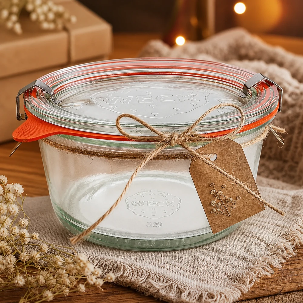 WECK Pot gourmet 450ml RR120 arrangé de manière décorative avec une corde de jute et une étiquette cadeau comme idée de cadeau