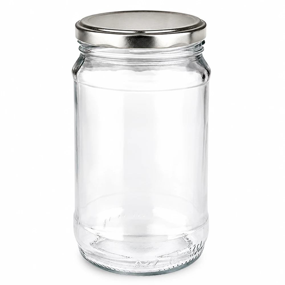 Bocal rond en verre de 370 ml + BasicSeal argenté UNiTWIST Petit bocal rond en verre de 370 ml avec couvercle métallique argenté BasicSeal, idéal pour les confitures et les conserves
