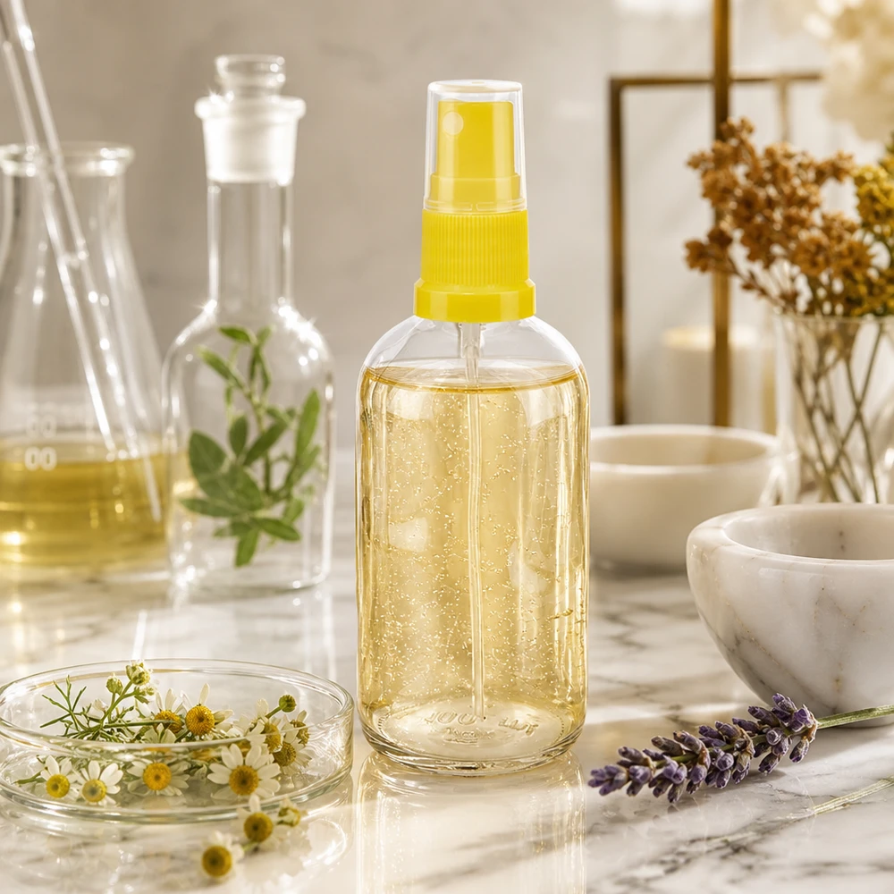 Flacon pulvérisateur ClearLine UT18 de 100 ml rempli d'huile dorée et de fleurs de camomille sur fond marbré