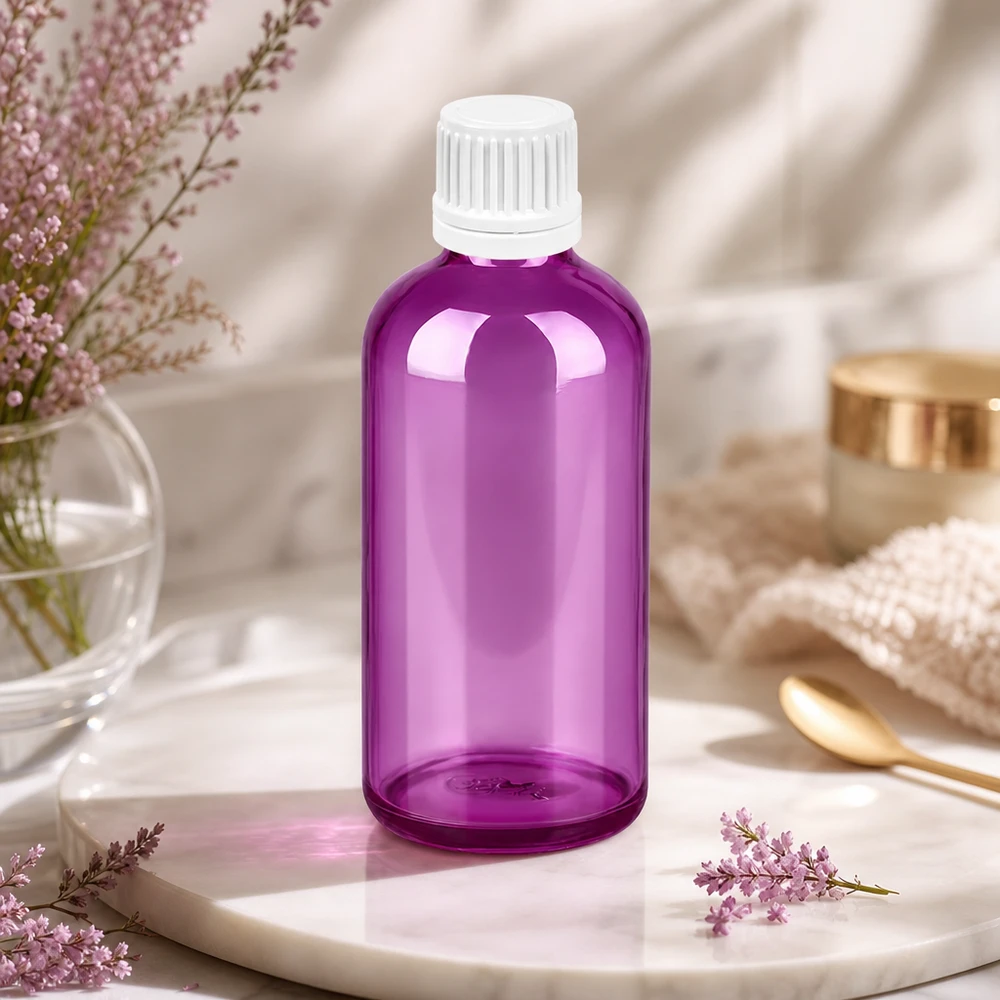 Flacon de 100 ml d'un violet éclatant avec une finition lisse pour une présentation professionnelle du produit