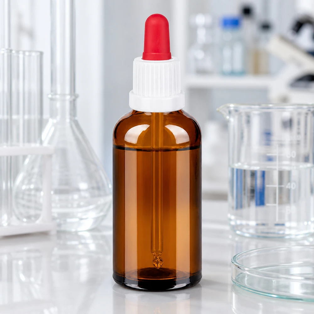 50ml flacon à pipette blanc/rouge OV BrownLine UT18/50 Flacon de laboratoire professionnel de 50 ml en verre brun anti-UV avec bouchon compte-gouttes ergonomique