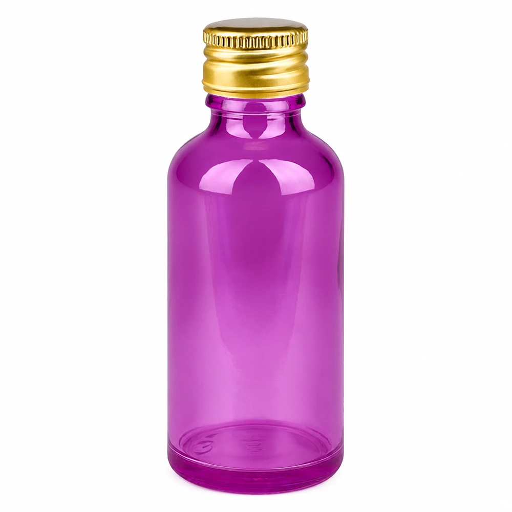 Flacon 50ml bouchon à visser 11mm alu-or standard PurpleLine. UT18/50 Petit flacon de 50 ml au look pourpre avec bouchon doré en aluminium, parfait pour les formats de voyage