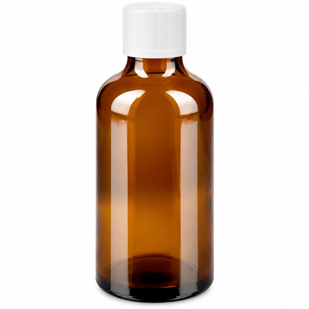 Flacon à pharmacie marron 50ml bouchon compte-gouttes blanc sécurité enfant std Flacon de pharmacie de 50 ml en verre brun, muni d'un bouchon à vis KiSi blanc et d'un compte-gouttes standard