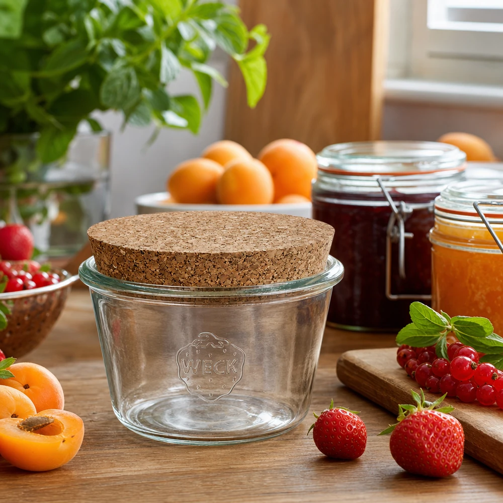 WECK RR100 Verre renversé 370ml Couvercle en liège dans une scène de cuisine avec des fruits frais et des pots de confiture sur une table en bois