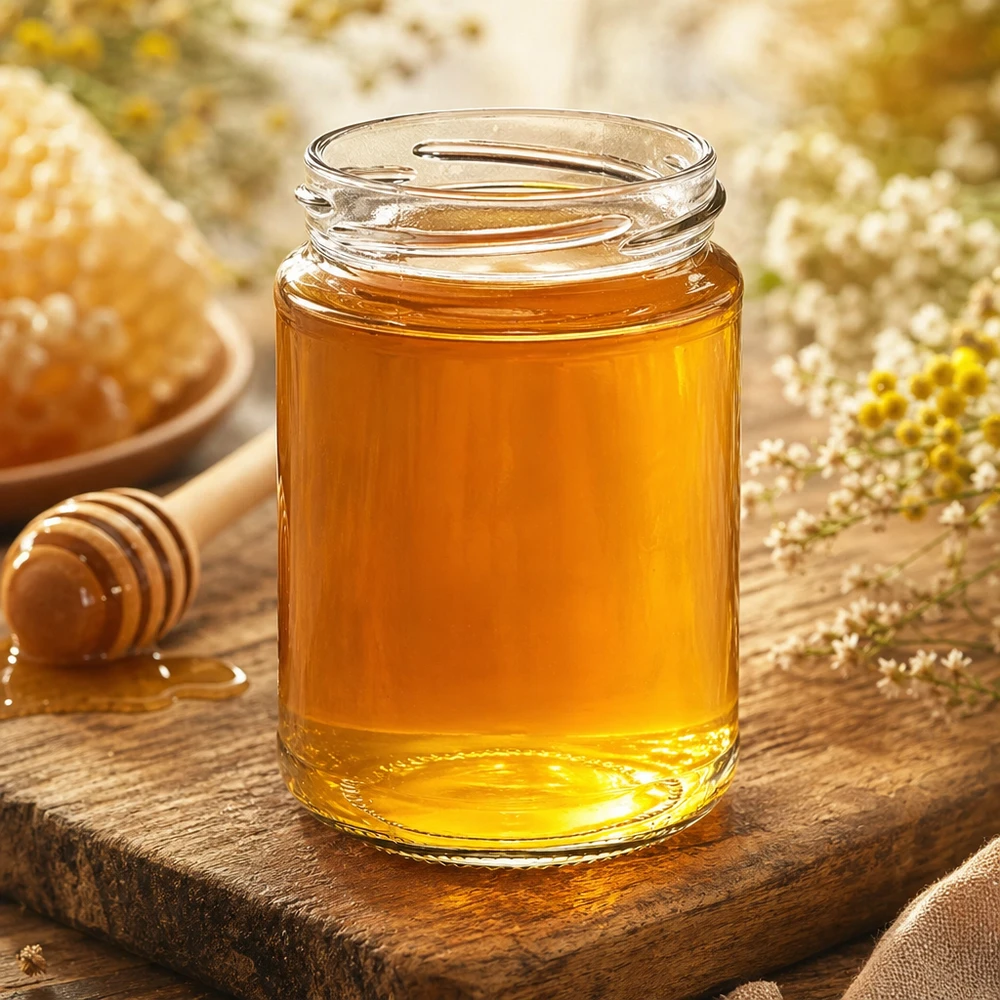 UNiTWIST Runda390 Pot rond 390ml TO70 rempli de miel jaune doré sur planche en bois à côté de rayons de miel et d'une cuillère à miel