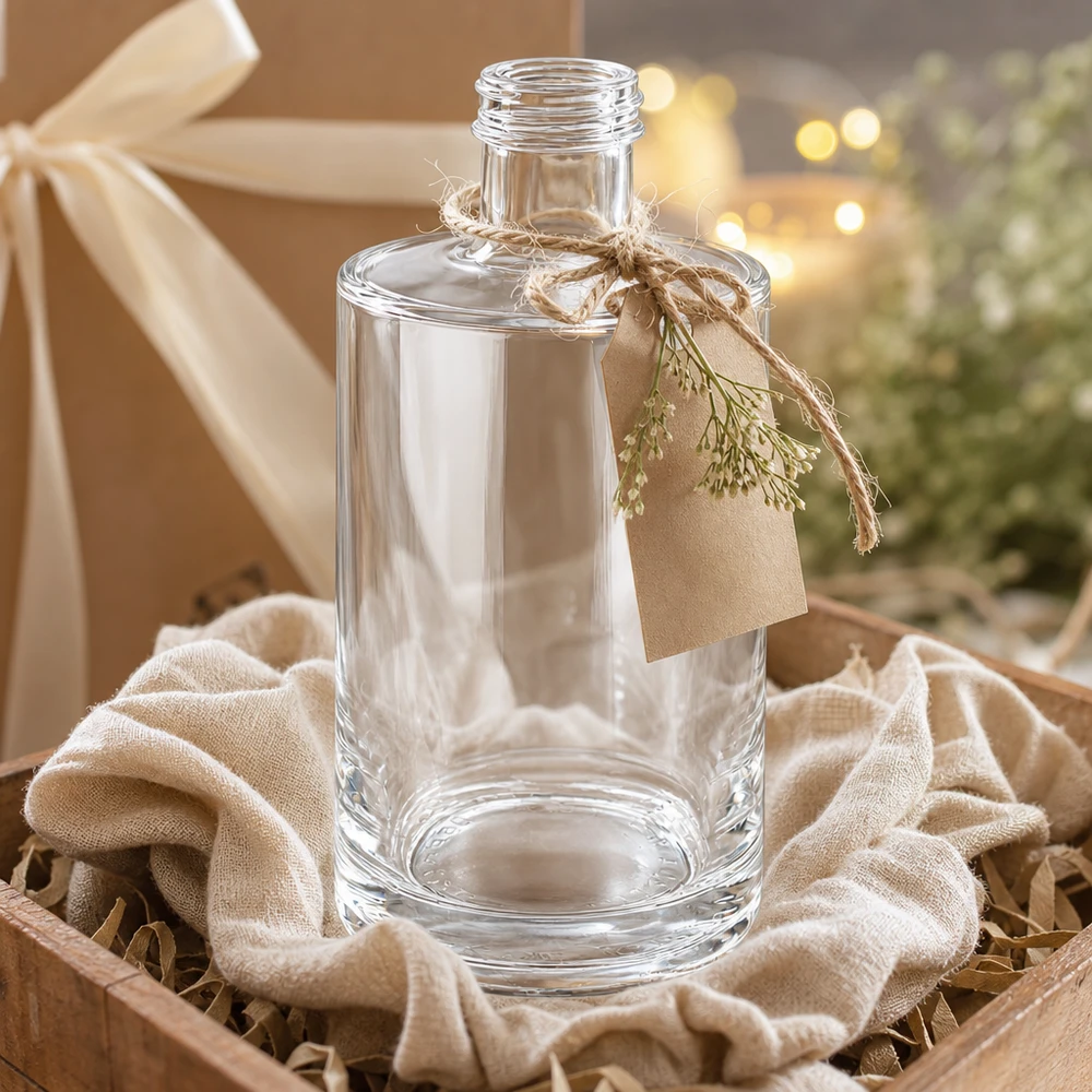 Bouteille en verre 375 ml « Sam » sans bouchon à vis UNiTWIST® Bouteille en verre de 375 ml Sam vide dans une boîte cadeau avec un ruban et un pendentif, présentée de manière décorative comme set cadeau