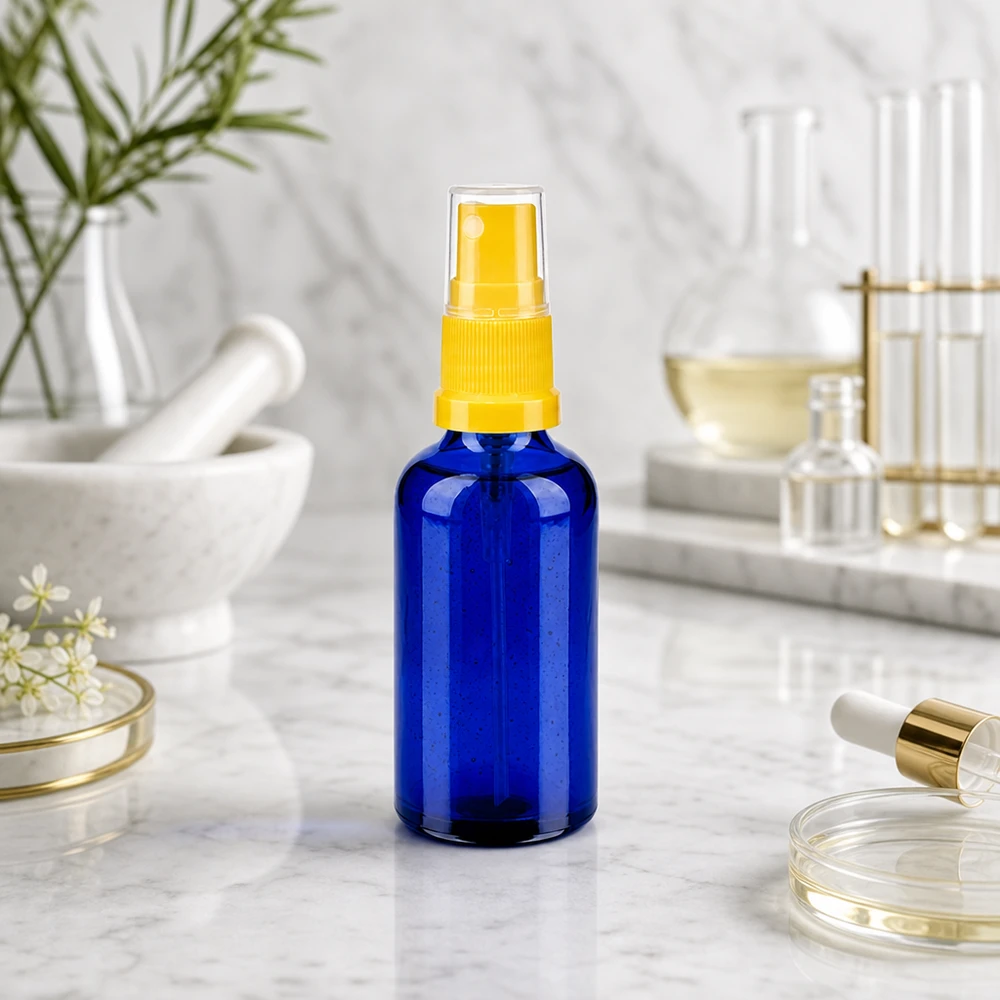 Vaporisateur 50ml jaune/tr. STD BlueLine UT18/50 Flacon en verre rechargeable de 50 ml avec système de pulvérisation pratique pour une utilisation cosmétique respectueuse de l'environnement