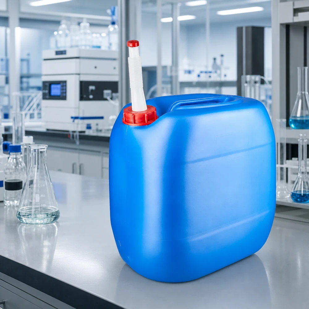 Bidon bleu de grande capacité (30 litres) muni d'un tuyau flexible blanc et d'un bouchon rouge, utilisé en laboratoire