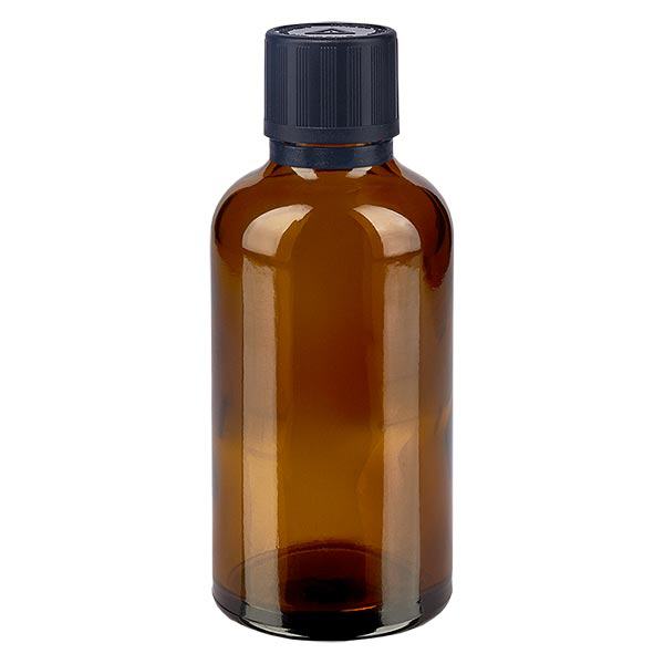 Flacon à pharmacie brun 50ml bouchon inviolable 1mm noir sec. enf. symb. avert. bouchon inviolabilité