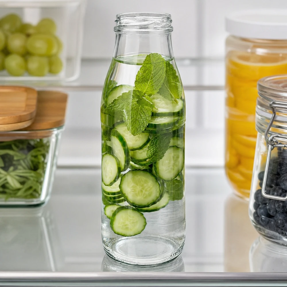500ml Bouteille sans bouchon (TO48) UNiTWIST 500ml Glasflasche TO48 UNiTWIST mit Gurkenscheiben und Minze als Infused Water im modernen Kühlschrank