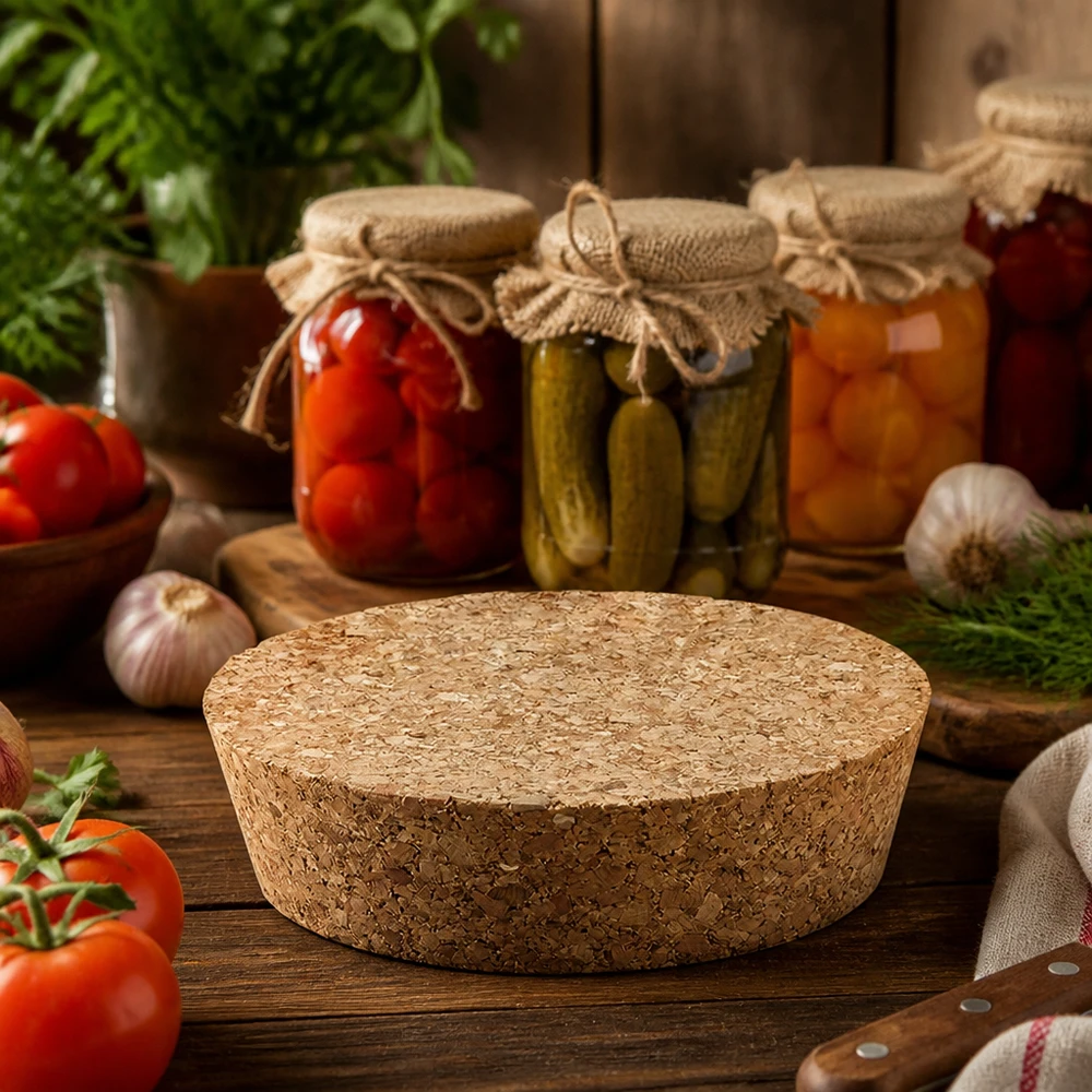 Bouchon pour ouverture 75mm WECK RR80 (ø72/82, H=20mm) WECK bouchon RR80 liège naturel fermeture dans cuisine rustique avec bocaux légumes tomates utilisation décorative