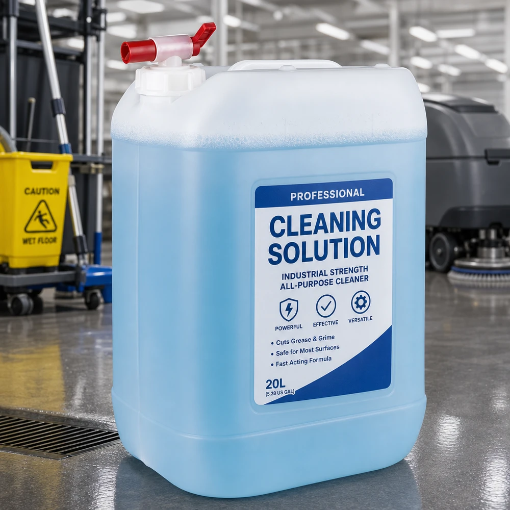 Grand bidon de 25 litres de produit nettoyant muni d'un robinet de vidange dans un hangar industriel