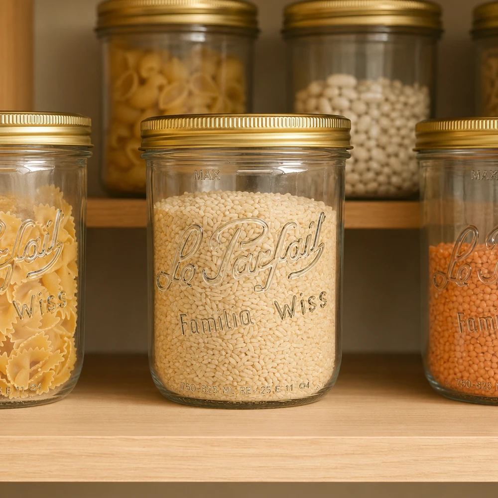 Pot de 1020ml Familia Wiss avec couvercle à visser rempli de céréales dans un bocal à conserves.
