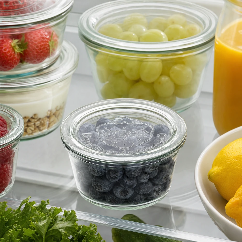 Couvercle de verre RR60 WECK WECK Couvercle en verre RR60 pour la conservation au réfrigérateur de baies, de raisins et d'aliments frais dans des bocaux Weck