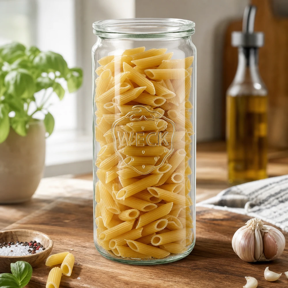 WECK 1040ml pot cylindrique RR80 rempli de pâtes comme bocal de stockage cuisine table en bois basilic ail huile d'olive