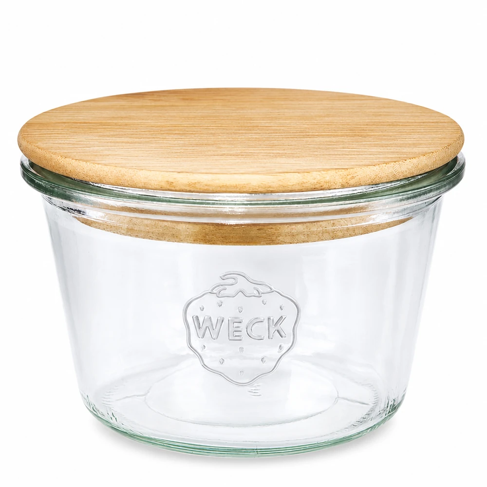 370ml WECK RR100 Bocal en verre avec couvercle en bois - bocal rond en verre avec couvercle en bambou pour la cuisine