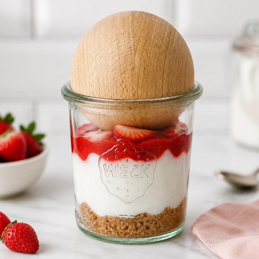 140ml bocal conique WECK RR60 avec boule en bois en hêtre WECK Sturzglas 140ml RR60 als Dessertglas mit Erdbeeren und Sahne, Holzkugel aus Buche als stilvoller Deckel