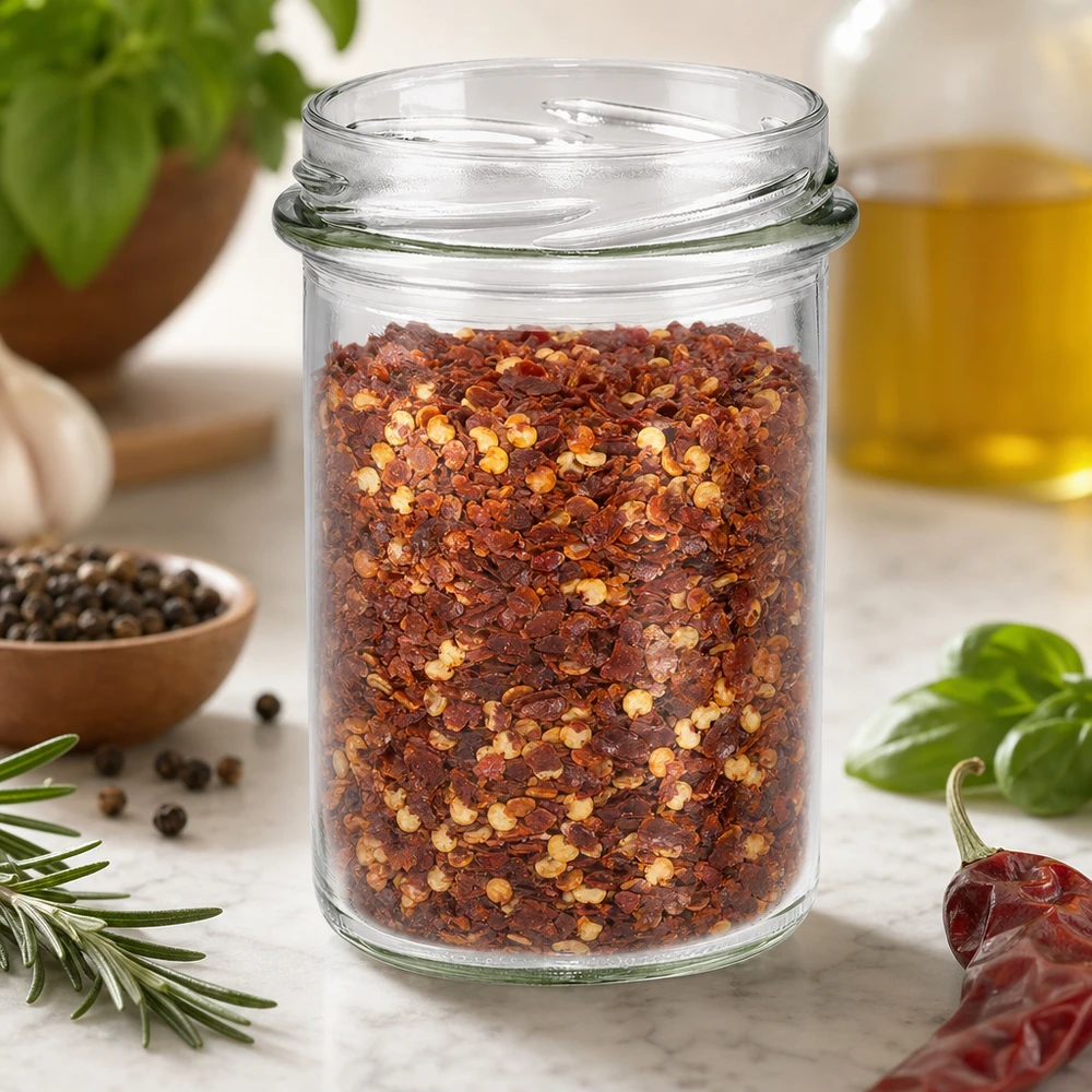 230ml Verre conique sans couvercle (TO66) UNiTWIST UNiTWIST Sturz230 Verre renversé 230ml TO66 rempli de mélange d'épices au piment sur table de cuisine avec des herbes aromatiques
