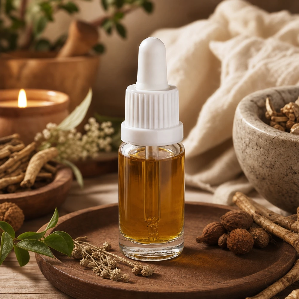 Huile essentielle dans un flacon pipette blanc de 10 ml OV ClearLine UT18/10, entourée de racines d'herbes