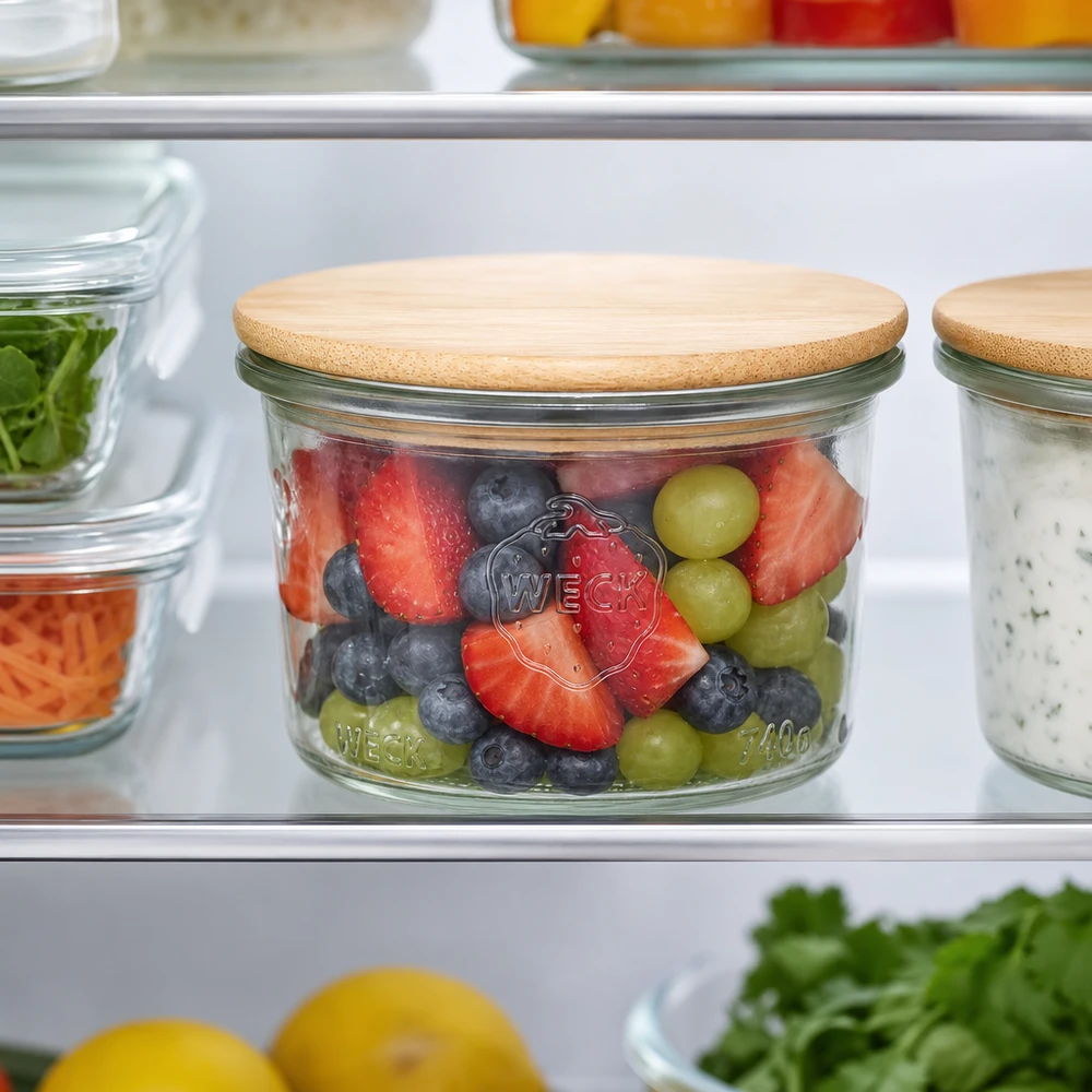 WECK Bocal 200ml RR80 avec couvercle en bambou rempli de salade de fruits colorée au réfrigérateur pour une conservation optimale des aliments.