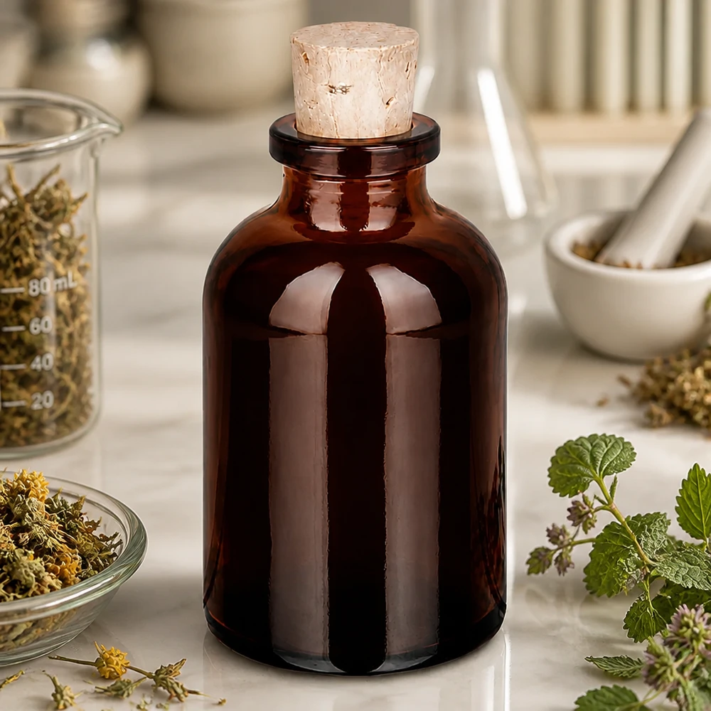 Flacon en verre ambré 30 ml avec bouchon de liège 11/14 mm Dunkle Glasflasche 30ml mit Korken für Homöopathie und Pflanzentinkturen