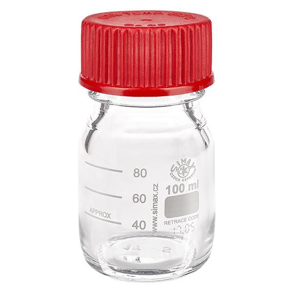 Fiole de laboratoire de 100 ml avec filetage + bouchon rouge + anneau