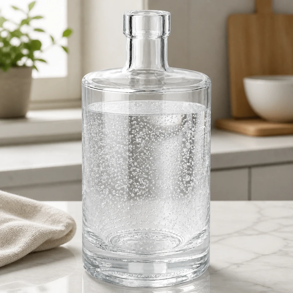 Bouteille de verre Marie de 500 ml remplie d'eau minérale pétillante sur plan de travail en marbre dans une cuisine moderne