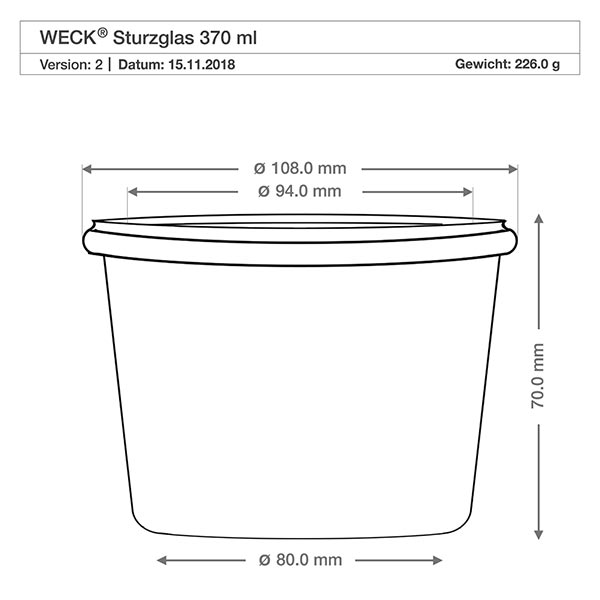 Set de 12 bocaux Weck de 370ml avec 12 couvercles en verre, 1 WECK Verre renversé 370ml RR100 Dessin technique Dimensions Dimensions 108mm Diamètre 70mm Hauteur Spécification du produit
