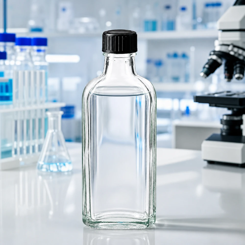 Flasque transparente de 100 ml au goulot DIN 22, avec bouchon à vis DIN 22 noir et joint LKD Flacon rectangulaire en verre transparent de 100 ml, de type « Meplat », muni d'un bouchon à vis sécurisé, destiné aux applications de laboratoire