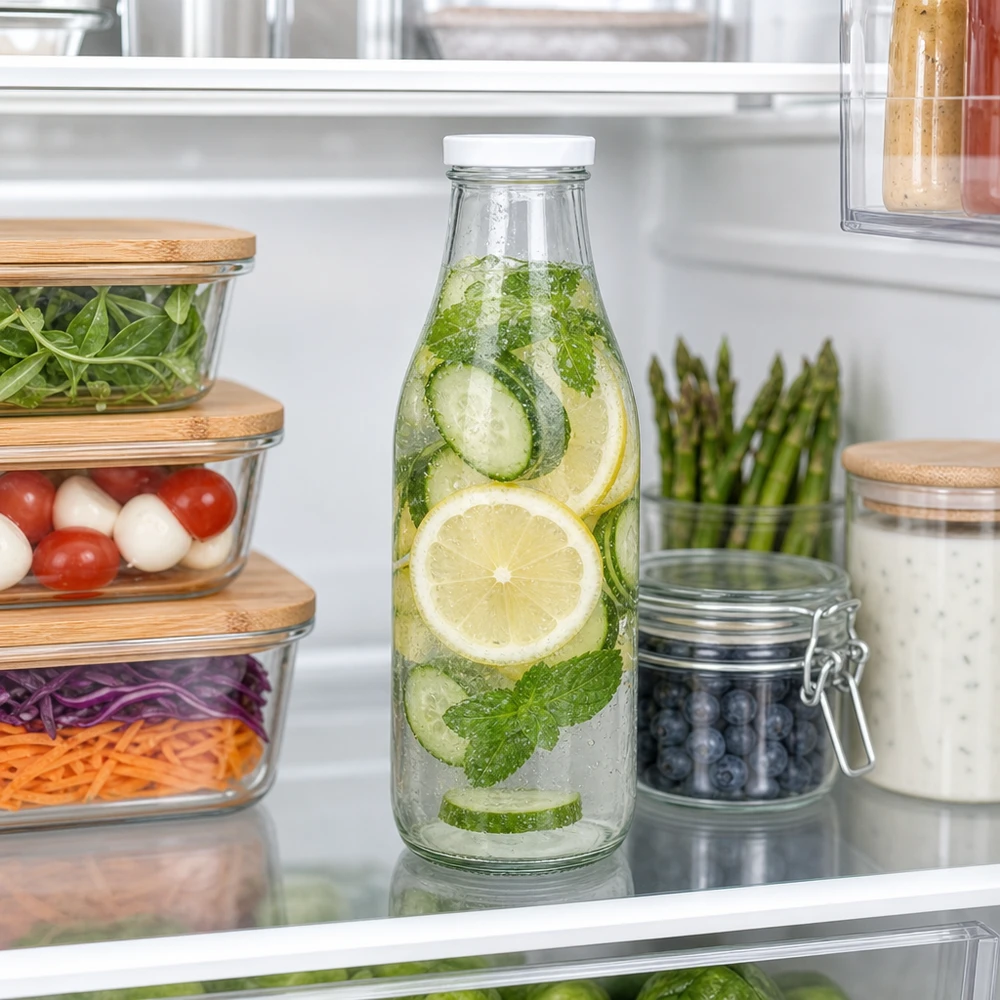 1000ml Bouteille avec couvercle BasicSeal blanc UNiTWIST Bouteille en verre de 1000ml au réfrigérateur avec eau au concombre citron menthe BasicSeal couvercle blanc Meal Prep Infused Water