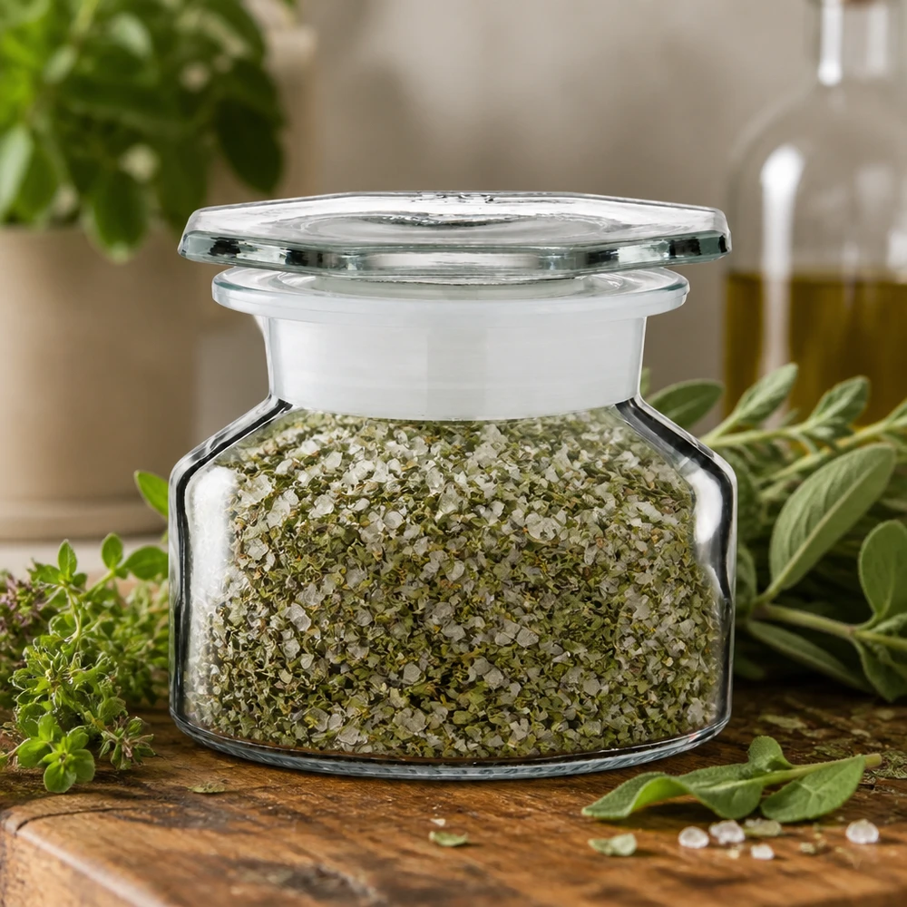 Petit bocal à col large de 50 ml contenant un mélange de sel marin et d'origan, posé sur un support en bois