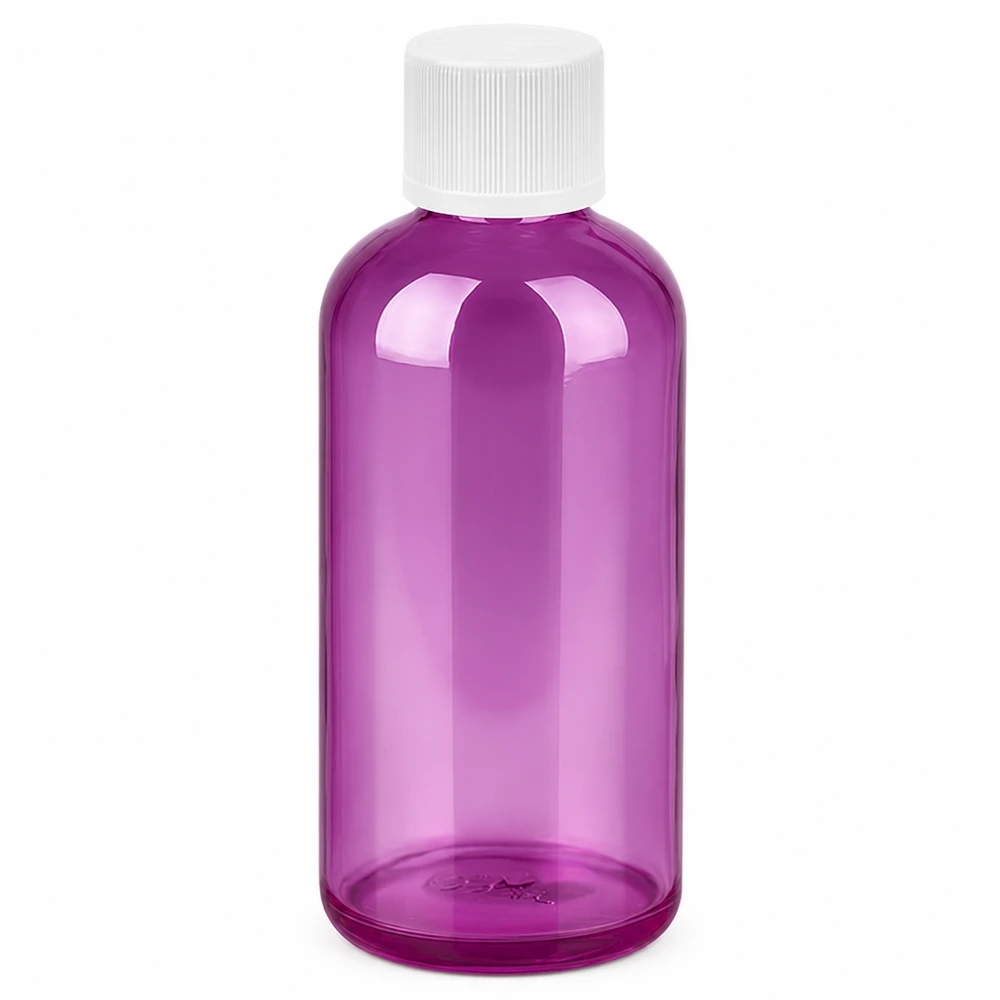 Bouteille 100ml 11mm bouchon à vis blanc standard à l'épreuve des enfants PurpleLine. UT18/100 Bouteille ronde de 100 ml à la forme élancée, de couleur pourpre, pour le remplissage professionnel de produits