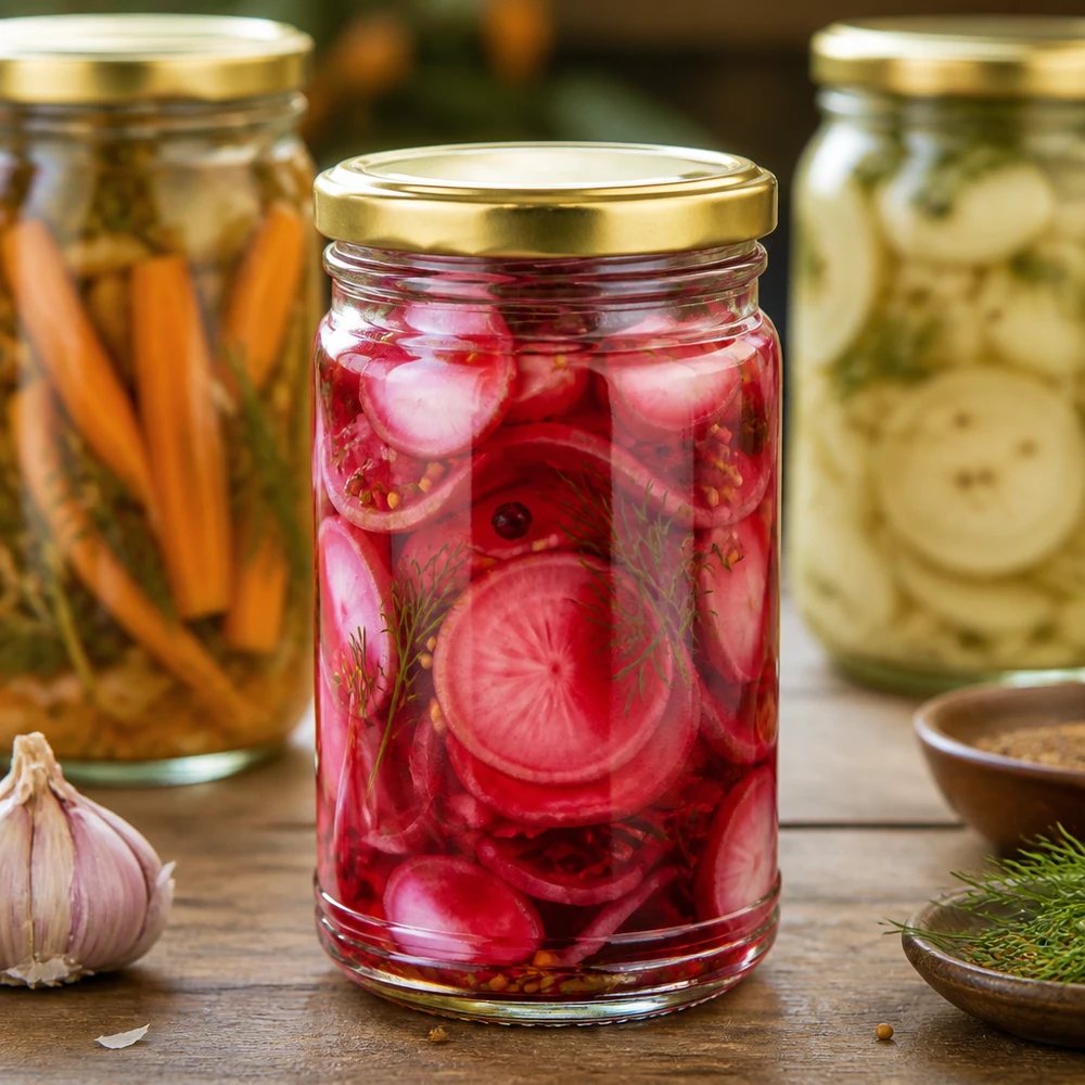 1053ml Verre conique avec couvercle BasicSeal or UNiTWIST Radis marinés en bocal de 1053 ml avec couvercle BasicSeal doré à côté de légumes marinés et d'épices