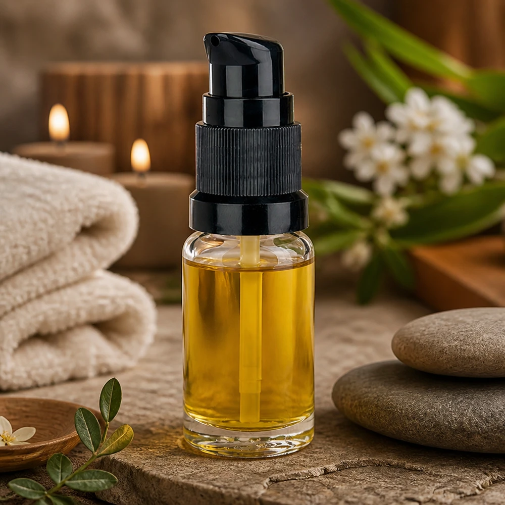 Petit flacon en verre de 10 ml muni d'un distributeur à pompe noir, posé sur une pierre naturelle et accompagné d'accessoires de bien-être