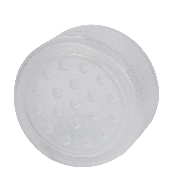 Bocal à sel/épices Couvercle avec garniture blanche - 19 trous ø3.5mm. Filetage de 41mm. Charnière à charnière. EN PP.