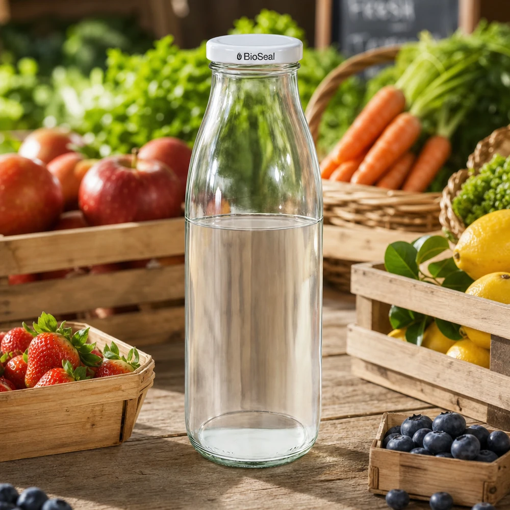 500ml Bouteille avec couvercle BioSeal blanc UNiTWIST 500ml Glasflasche mit BioSeal Deckel auf Marktstand zwischen frischem Obst und Gemüse, ideal für Säfte und Smoothies