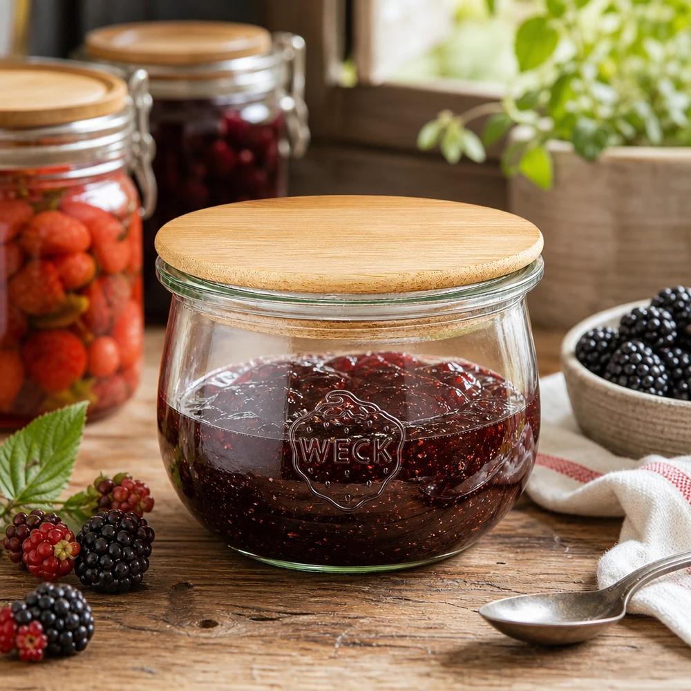 580ml bocal tulipe WECK RR100 avec couvercle en bois WECK Pot tulipe RR100 580ml rempli de confiture de baies dans une cuisine rustique avec baies fraîches et cuillère en bois