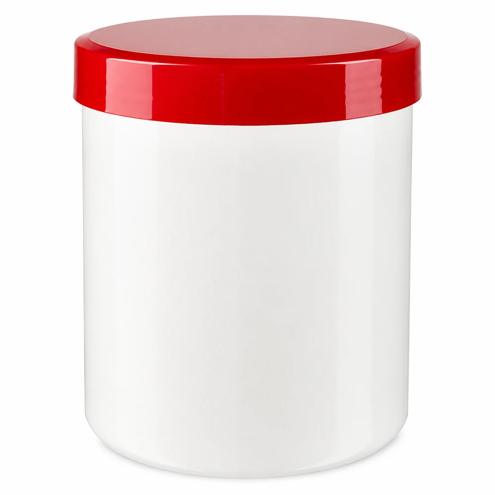 Pot à pommade de 300 g en polypropylène blanc avec un couvercle rouge vif