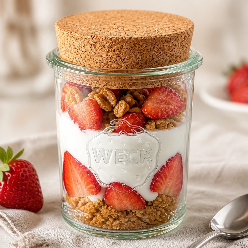 160ml bocal conique WECK RR60 avec bouchon nature WECK Pot renversé 160ml RR60 rempli de yaourt fraises et noix comme dessert dans un pot avec couvercle en liège