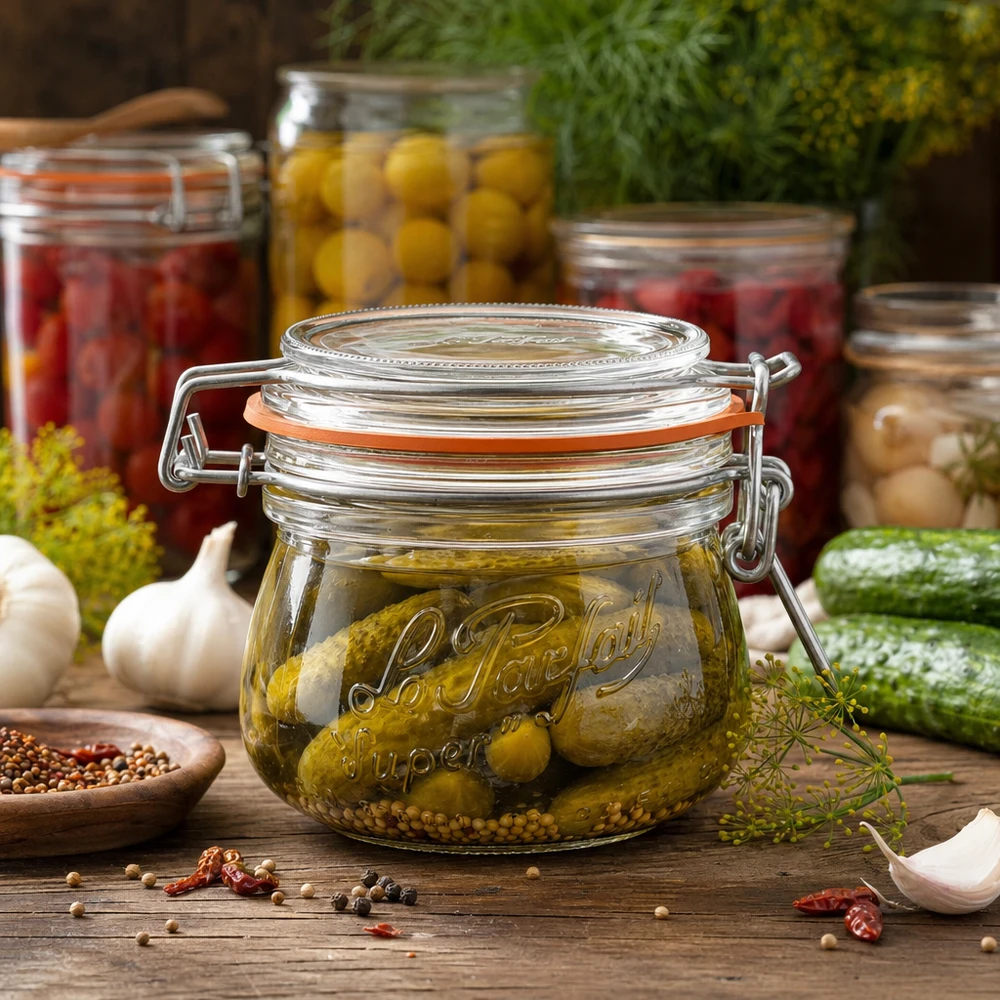 Bocal Le Parfait® 250 ml Ø70 mm conserve 250ml Le Parfait Super pot à provisions avec fermeture à étrier rempli de cornichons marinés sur table en bois avec des épices