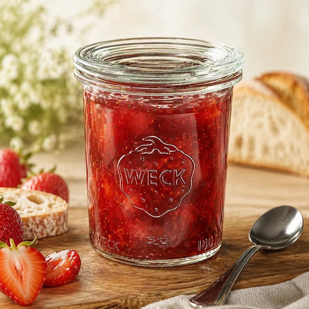 Bocal en verre de 160 ml avec couvercle en verre WECK RR60 WECK Pot renversé RR60 160ml avec confiture de fraises rouges et cuillère, arrangé de manière décorative avec du pain et des fraises