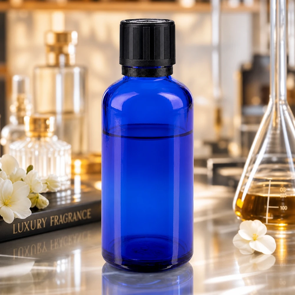 Flacon à pharmacie bleu 50ml bouchon inviolable 1mm noir sécurité enfant adapté aux aveugles bouchon inviolabilité Flacon compte-gouttes en verre d'apothicaire bleu cobalt de 50 ml, muni d'un bouchon à l'épreuve des enfants, dans un environnement de parfumerie de luxe