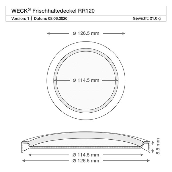 300ml bocal gourmet avec couvercle fraîcheur WECK RR120 Dessin technique WECK RR120 Couvercle de conservation des aliments frais avec dimensions Diamètre 126,5mm et 114,5mm de section transversale