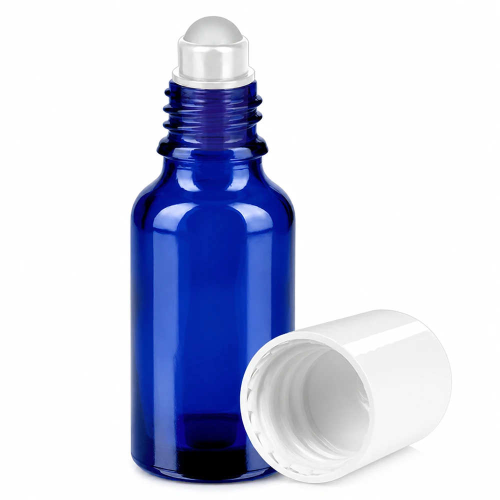 Flacon Roll-On 20ml blanc STD BlueLine UT18/20 Flacon roll-on bleu de 20ml avec bille métallique et bouchon blanc pour un dosage facile