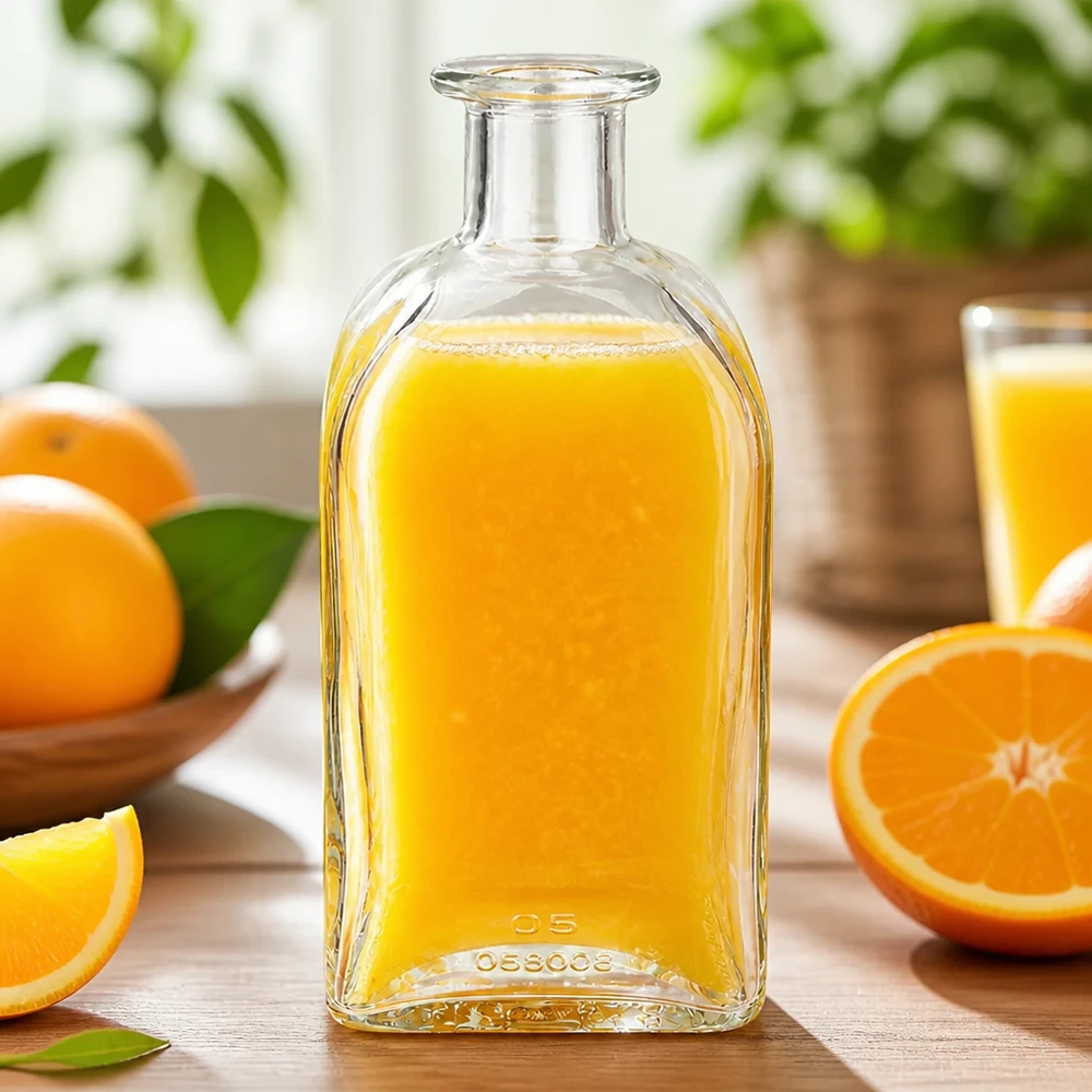 Flacon à pharmacie « Julia» 500 ml sans bouchon UNiTWIST® Bouteille en verre Julia de 500 ml remplie de jus d'orange entourée d'oranges fraîches et de tranches d'orange sur une table en bois