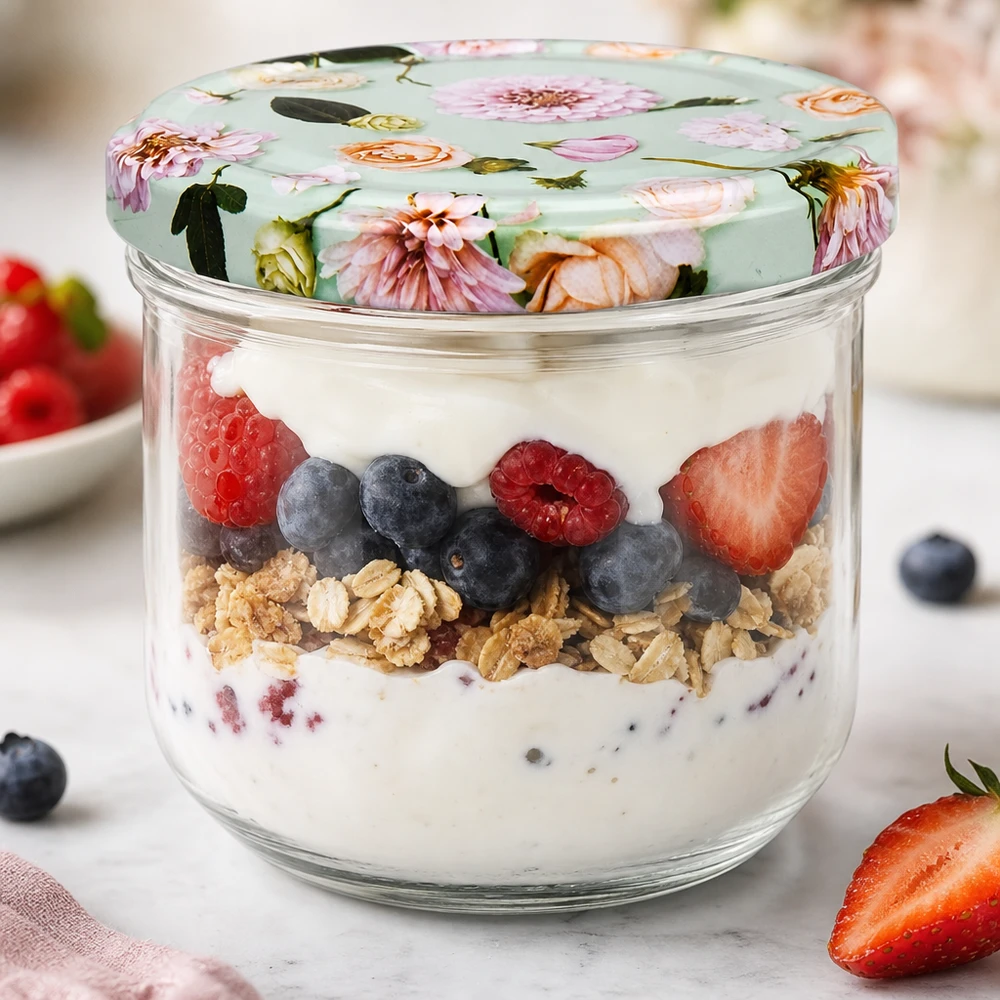 Tumbler de 260 ml + couvercle BasicSeal fleur menthe UNiTWIST Verre renversé de 260 ml avec couvercle à fleurs rempli de parfait au yaourt et de baies comme exemple d'utilisation pour les desserts